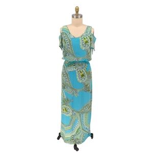 00388 Chico Paisley Cold Shoulder Maxi Dress Turquoise Green M/8 bohemian resort
